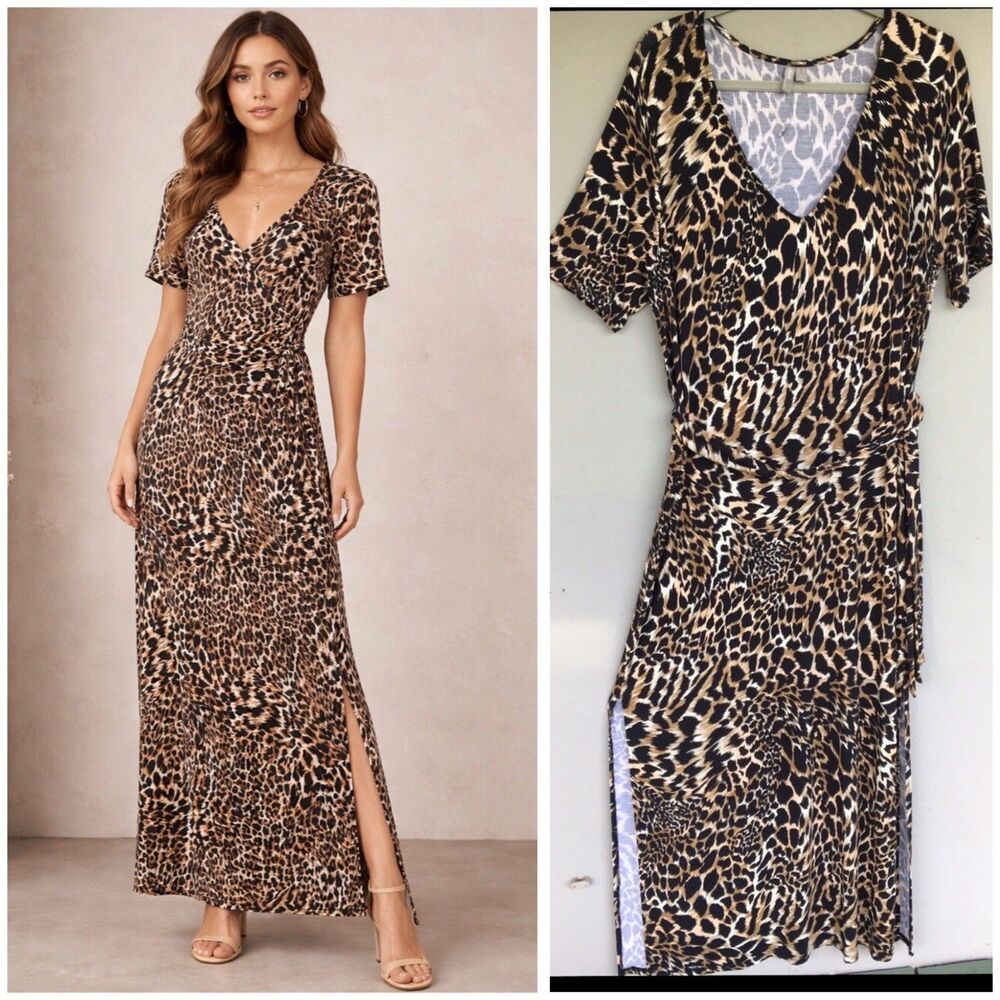 ASOS Leopard Print Maxi Dress Womens 12 V-Neck Short Sleeve Stretch Jersey Boho